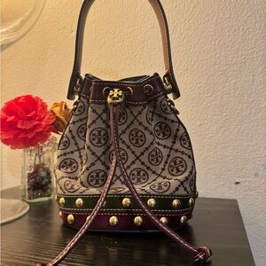 Tory Burch Mini T Monogram Jacquard Studded Bucket Bag
